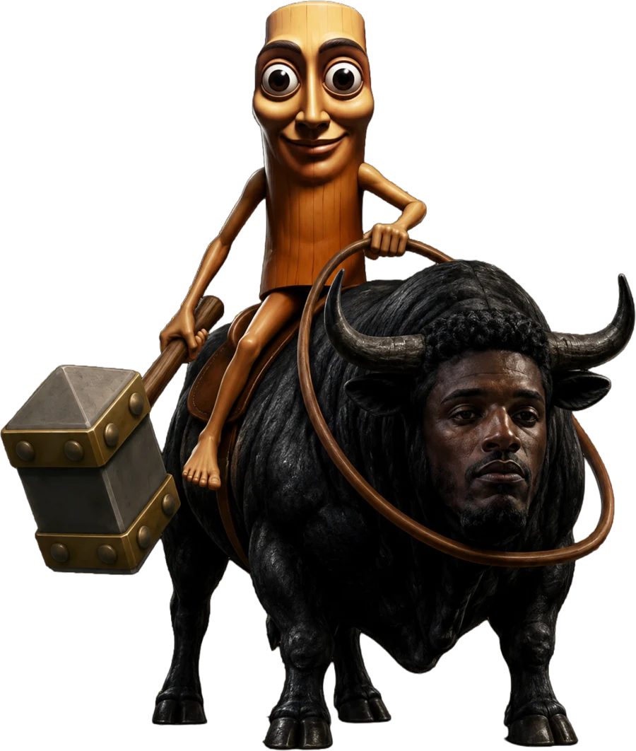 Bull Rider — a carved wooden rodeo rider gripping a lasso atop a horned, bearded black bull, wreathed in green energy